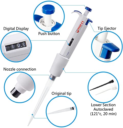 FOUR E'S SCIENTIFIC 2-10mL Pipette, Adjustable Volume Micropipette | Single-Channel Pipettor, Ergonomic Design, Precise Volume Dial - size: 11 (2-10mL)
