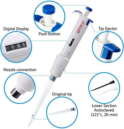 FOUR E'S SCIENTIFIC 2-10mL Pipette, Adjustable Volume Micropipette | Single-Channel Pipettor, Ergonomic Design, Precise Volume Dial - size: 11 (2-10mL)