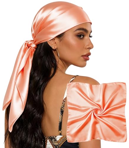 Sumolux Head Hair Scarf for Women 35" Like Satin Silk Scarf Hair Wrapping Night Bandana Large Square Scarves - color: A Solid Light Orange