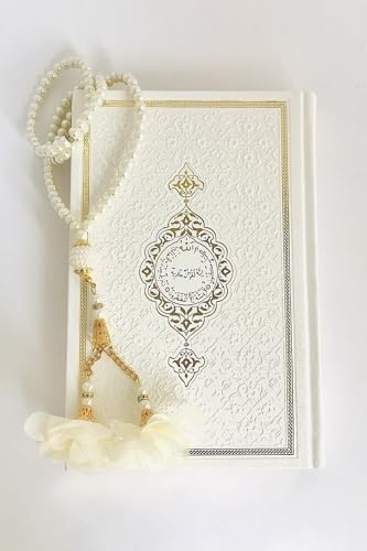 SODEF Quran Book Hafiz Size 14x20cm White Color Thermo Leather and Pearl Tasbih for Bridal Dowry Set