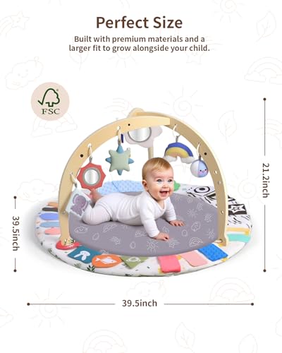 Baby Play Gym Activity Mat, WOOD CITY Tummy Time Play Mat for Babies 0-6 Months with 6 Detachable Newborn Infant Toys, Promote Motor Skills & Sensory Development Baby Essentials Gift