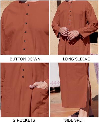 YAOHUOLE Kaftan for Men Long Sleeve Muslim Men Thobe Kaftan Thobe with Pockets - color: Brick Red, size: Large