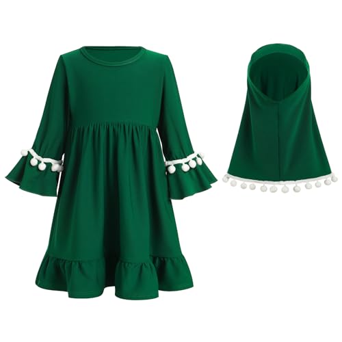 ODIZLI Toddler Baby Girls Hijab Dresses 2pcs Muslim Abaya Dresses for Girls Middle East Modest Outfits - color: Dark Green Pom-poms, size: 0-6 Months