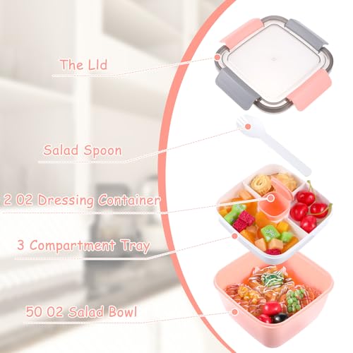 3 Pcs Salad Lunch Container with 3 Compartment, 50 oz Salad Lunch Container for adults, Leakproof Salads Bowl for Toppings, Snacks (Pink,Blue,Green)