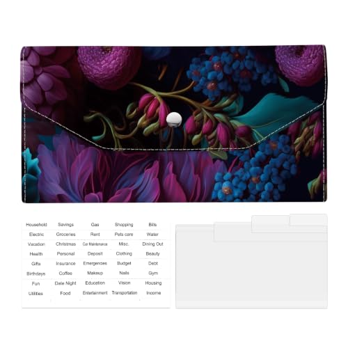 Cash Wallet & Money Envelopes for Cash, Reusable Leather Money Saving Envelop with Snap Closure and 4 Dividers & 1 Category Stickers, Cute Envelop Wallet for Women and Men Dark Flower - color: Dark Flower