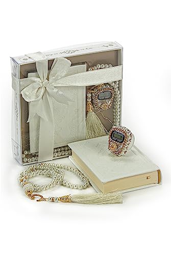 İhvan Online Medina Calligraphy Quran Set with Islamic Finger Counter, Portable Digital Prayer Tasbeeh, Pearl Zikirmatic Beads, 3 Pieces Gift for Ramadan & Eid & Mawlid (Cream) - color: Cream