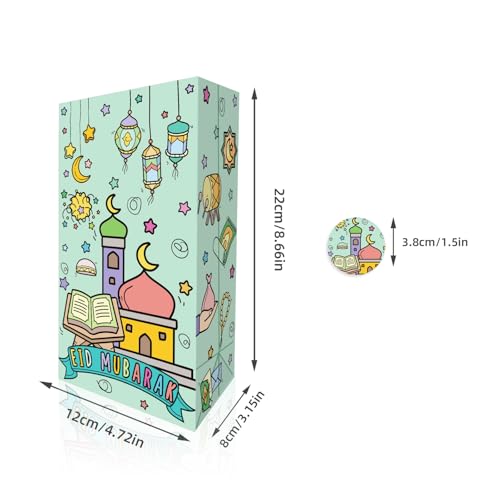 YVAINE 12-Pack Eid Mubarak Goodie Bags with Stickers - Ramadan Candy Treat Bags 8.7x4.7x3.2 Inches, Double-Sided Printed Colorful Paper Gift Bags with Stars, Moons & Lanterns Design for Eid Party Favors, Classroom Gifts, Holiday Celebrations