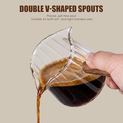 Adorever Espresso Cups 6 OZ, Double Spout Espresso Shot Glass with Wooden Handle, Clear Glass Measuring Cup for Espresso Shots & Milk, Espresso Accessories for Coffee Machine