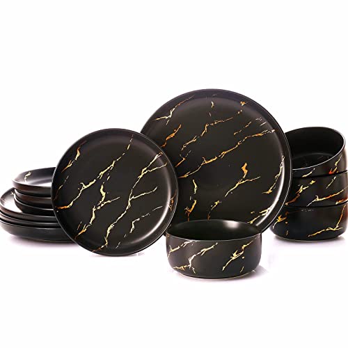 Pokini Black Gold Splash Dinnerware Sets, Porcelain Plates and Bowls Sets - color: Marble Black
