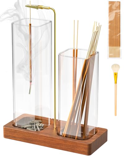 2 in 1 Incense Holder with Glass Jars, Large Incense Holder for Sticks, Upside Down Incense Burner with Ash Catcher & Storage for Meditation Yoga Spa Home Decor - 20 Incense Sticks & Brush - color: Square Brown a