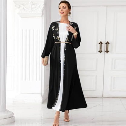Muslim Abaya Long Sleeve Open Front Rhinestones Kaftan Cardigan Maxi Dress for Women with Belt - color: Black Cardigan, size: Large