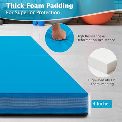 Giantex 4" Thick Folding Gymnastics Mat, 4' x 4' Bio-Folding Exercise Mat with Carry Handles & PU Leather Cover, Gym Home Tumbling Mat for Kids, Yoga, Fitness, Pilates & Martial Arts - color: Blue