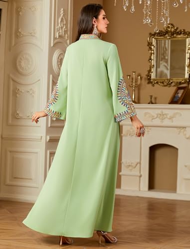 ABEWIP Muslim Dresses for Women Ramadan Kimono Long Sleeve Embroidered Islamic Prayer Dress Turkey Dubai Eid Abaya Kaftan - color: Green, size: Large