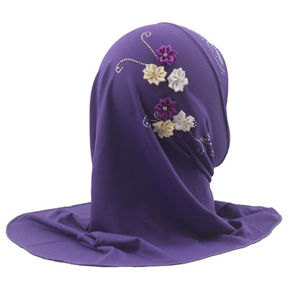 Instant Hijab for Kids Girls Hijabs Muslim Islamic Head Scarf with Rhinestone and Flowers - color: Dark Purple