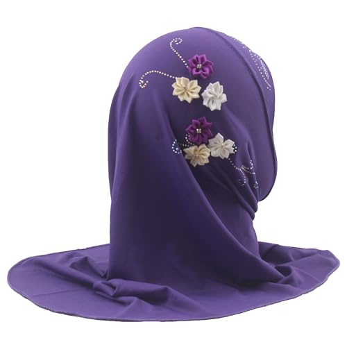 Instant Hijab for Kids Girls Hijabs Muslim Islamic Head Scarf with Rhinestone and Flowers - color: Dark Purple