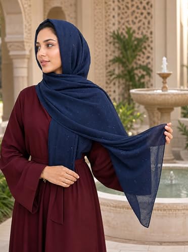 Chiffon Dotted Hijab Scarf for Women, Lightweight Textured Head Wrap Shawl,Soft Muslim Headscarf for Spring Fall - color: Mcmqxf2531-2#navyblue