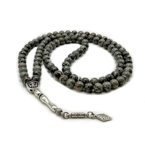 Elegant 8mm Jasper Map Agate Handmade Tasbih – Gemstone Muslim Prayer Beads, Metal Tassel with Special Case | Islamic Gifts for Dhikr, Namaz, Meditation - size: 99 Beads