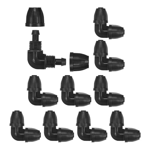 M METERXITY 10-Pack Drip Irrigation Barbed Locking Fittings, 3/8 Inch Elbow Tubing Connector Plastic Coupling for Greenhouse/Aquarium/Garden Watering System, Drip Irrigation Kit Parts | Barbed Locking Fittings, End Caps Tubing Connector, Plastic Coupling