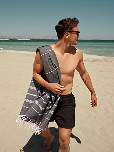 BAY LAUREL Turkish Beach Towel with Travel Bag 39 x 71 Quick Dry Sand Free Lightweight Large Oversized Towels Light - color: Black With Blue Floral Bag