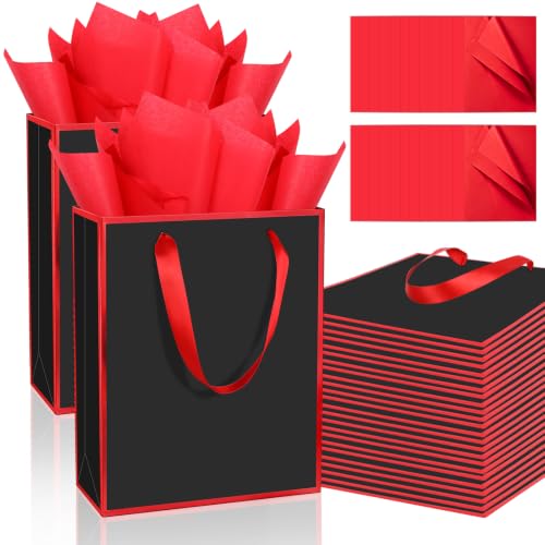 Epoesch 24 Pack Gift Bags with Handles & 24 Tissue Papers – 8x5x10 Inches - color: Black Red, size: 1 Count (Pack of 24)