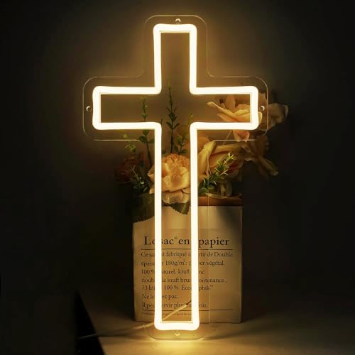 Cross Neon Sign, Jesus Led Neon Light for Wall Decor Home Bedroom USB Powered Light-Upside Down Cross Lights for Easter Christmas Wedding Decor - color: Warm White
