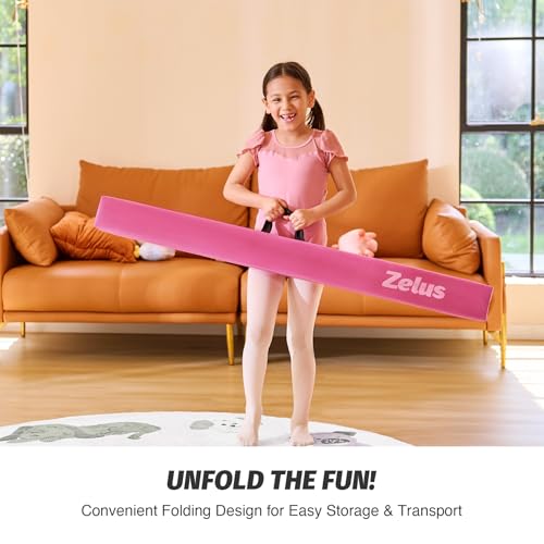 ZELUS 8' Folding Gymnastics Balance Beam, Floor Balance Beam w/Carry Handles Anti-Slip Base for Kids, Beginners & Professional Gymnasts - color: Pink