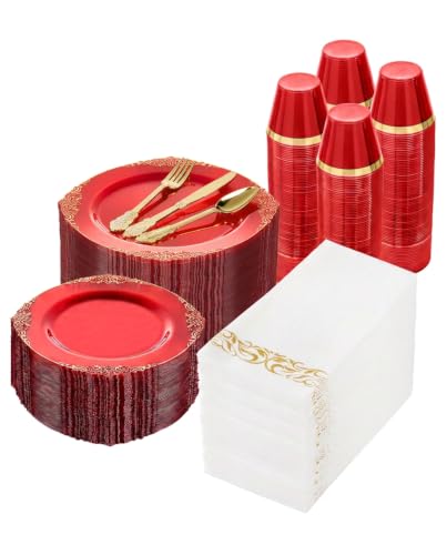 Bestluck 700PCS Clear Red Plastic Plates for 100 Guests - color: Red, size: 100 Guests