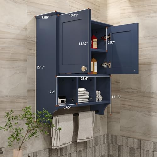 Bathroom Wall Cabinet, Wall Mounted with Towel Bar & 6 Shelves - Over Toilet Storage Organizer, 2-Door Medicine Cabinet, Adjustable Bathroom Shelves(Blue) - color: Blue
