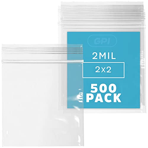 CLEAR PLASTIC RECLOSABLE ZIP BAGS - Bulk GPI Pack Of 500 2" x 2" 2 mil Thick Strong & Durable Poly Baggies With Resealable Zip Top Lock For Travel, Storage, Packaging & Shipping. - color: 500, size: 2" x 2"