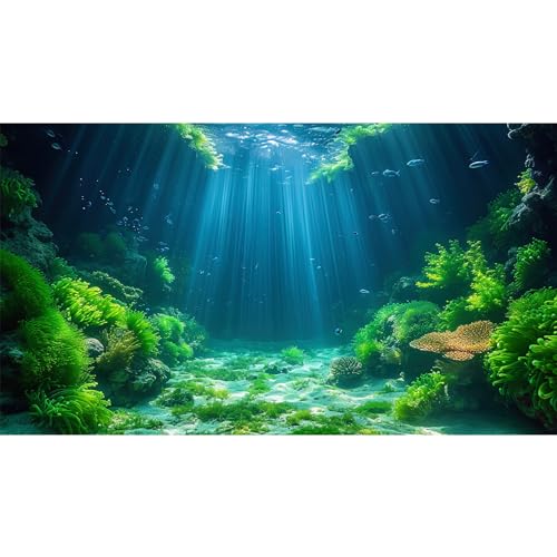 Aquarium Background Aquatic Plants Soft Algae Terrarium Backdrop Underwater World Fish Rock with Moss Sunlight Rays Fish Tank Background Aquarium Wallpaper Poster Decor Vinyl 24x12in - color: Coral Green, size: 24(W)x12(H)inches/ 60(W)*30cm(H)