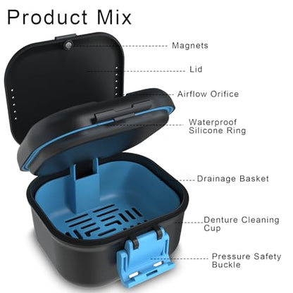 BVN Upgraded Leak Proof Denture Bath Cup with Strainer | Portable Denture Soaking Box with Storage Compartment, Travel Retainer Cleaning Case for Dentures, Braces & Mouth Guards - color: Black+blue