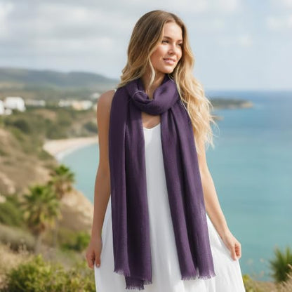 Nydotd Women Summer Cotton Linen Scarf Crinkle Long Beach Shawl Wrap hijab with Fringe - color: Dark Purple