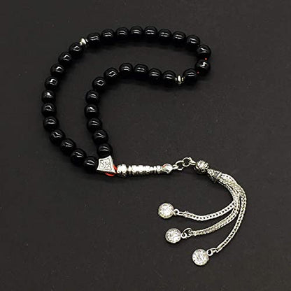 Shiny Black Glass Prayer Beads, Worry Beads, Tesbih, Tasbih, Tasbeeh, Misbaha, Masbaha, Subha, Sebha, Rosary (8 mm 33 Beads) - color: Shiny Black Glass Beads -8 mm 33 Beads-