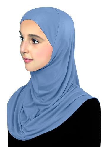 Cotton Hijab for Girls Amira Muslim Kids Head Scarf Ready to Wear Easy Instant - color: Medium - Sky Blue, size: Large