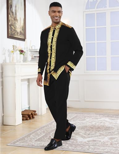 Mens African 2 Piece Set Nigerian Dashiki Metallic Traditional Suit Gold Stamp Printed Shirt and Pants Outfit - color: Black, size: Medium