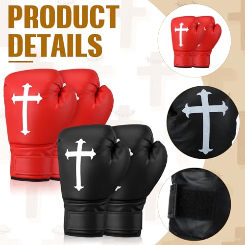 2 Pairs 12 oz Christian Boxing Gloves for Men & Women Cross Religious Boxing Gloves for Beginners & Kids Red Black Lightweight Shockproof Mitts for Training & Practice