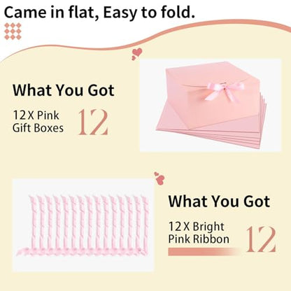 WLUSEAXI 12-Pack Gift Boxes with Lids, Pink with Bow Ribbon, Bridesmaid Proposal Box for Wedding, Christmas, Halloween, Baby Shower - color: Pink