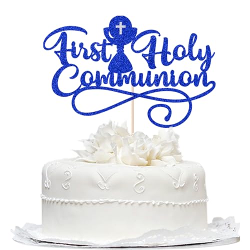 First Communion Cake Topper,God Bless,First Holy Communion Decoration,Featured God Christian Baptism/Confirmation/Baby Shower/Birthday/Sacrament Party Decoration supplies - color: Dark Blue