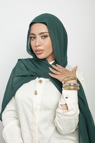 Instant Chiffon Hijab 3-in-1 with Built-in Magnets and Attached Match Undercap, Women Hijabs Set. - color: Emerald