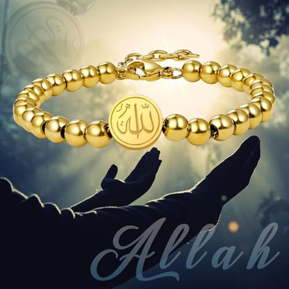 Aroncent Allah Stainless Steel Bracelet: Black Beaded Chain Islamic Jewelry - Ramadan Eid Gift for Men and Women - color: gold