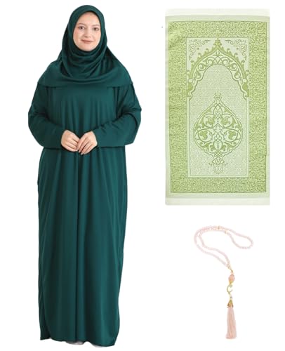 Prien Women Prayer Dress With Hijab Rug Tasbih Muslim Set Islamic Clothes Abaya Jilbab Dubai Kaftan For Eid Ramadan - color: Emerald