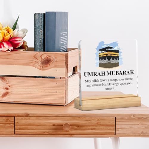 Umrah Mubarak Islamic Acrylic Sign Decor Hajj Ramadan Mubarak Table Decor Muslim Gifts Acrylic Plaque Arabic Ramadan Tree Gifts for Men Women with Wood Stand 4 X 4 Inches - style: Antique