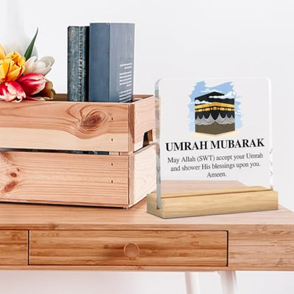 Umrah Mubarak Islamic Acrylic Sign Decor Hajj Ramadan Mubarak Table Decor Muslim Gifts Acrylic Plaque Arabic Ramadan Tree Gifts for Men Women with Wood Stand 4 X 4 Inches - style: Antique