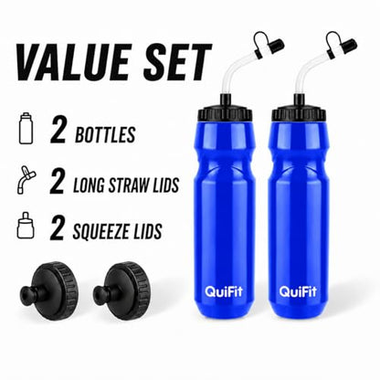 QuiFit Lacrosse Water Bottle with Long Straw -32oz Hockey Water Bottle 2 Pack with 2 Lids Each- BPA Free Squeeze Sports Water Bottles, Leakproof Dishwasher Safe- for Helmet,Lacrosse (Blue) - color: Blue