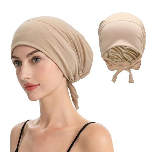 ZLYC Satin Lined Hijab Cap for Women Tie Back Undercap Underscarf Hat - color: Solid Cream Pink