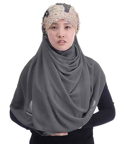 Lina & Lily Premium Chiffon Hijab Head Scarf Wrap with Gold Sequins Glitters Beads for Muslim Women - color: Dark Gray