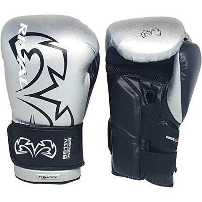 RIVAL Boxing RS11V Evolution Sparring Gloves, Extra-Thick 2” Padding, V-Strap Wrist Lock 2 System, Large Hand Compartment, and 15 Degree Angle Cuff - color: Silver, size: 18 oz.