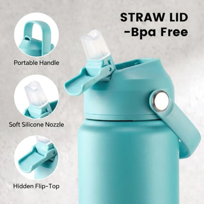 Fijinhom 24oz Insulated Stainless Steel Water Bottle, Wide Mouth Double Wall Vacuum, Silicone Straw, Sweat & Leak Proof, BPA Free Insulated Water Flask for Travel, Keep Cold 24h Hot 12h, Sky - color: sky, size: 24 Ounces