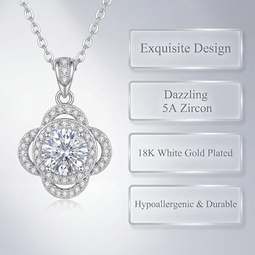 Necklaces for Women - Sparkling Flower Pendant Necklace, 18K Gold Plated Chain, Sunflower Clover Jewelry for Wedding Party, 16+2 Inch - color: Silver