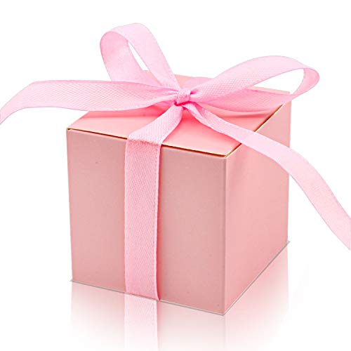 KPOSIYA 70 Pack Favor Boxes 2x2x2 inch Candy Boxes Pink Gift Boxes with Ribbons for Wedding Baby Shower Decorations Birthday Party Supplies - color: Pink(Pack of 70)